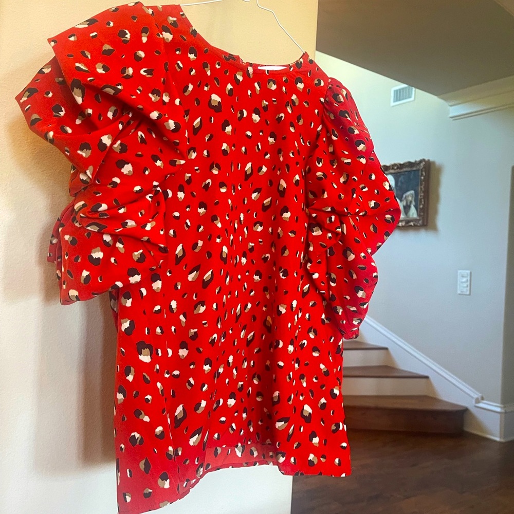Bright and beautiful, red with animal print blouse.